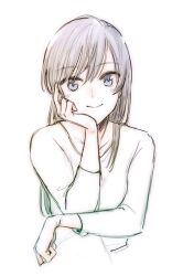 Rule 34 | 1girl, black hair, blue eyes, closed mouth, commentary request, long hair, long sleeves, looking at viewer, nanami touko, nyamo, simple background, smile, solo, upper body, white background, yagate kimi ni naru