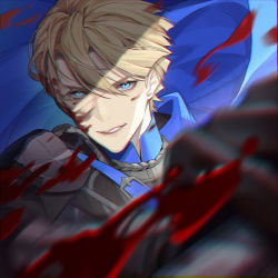 Rule 34 | 1boy, black gloves, blonde hair, blood, blood on face, blue cape, blue eyes, cape, dimitri alexandre blaiddyd, fire emblem, fire emblem: three houses, gloves, hair between eyes, highres, holding, holding weapon, looking at viewer, male focus, nintendo, parted lips, sevenaklausv, short hair, smile, solo, tsurime, upper body, weapon