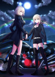 Rule 34 | 2girls, ahoge, artoria pendragon (all), artoria pendragon (fate), belt, black dress, black footwear, black jacket, black ribbon, black shirt, black shorts, blonde hair, boots, breasts, cleavage, cloud, collarbone, dress, eiffel tower, fate/grand order, fate (series), floating hair, full body, full moon, fur trim, hair ribbon, high heel boots, high heels, hood, hooded jacket, jacket, jeanne d&#039;arc (fate), jeanne d&#039;arc alter (fate), jeanne d&#039;arc alter (ver. shinjuku 1999) (fate), jewelry, knee boots, long hair, medium breasts, meet (105r), moon, motor vehicle, motorcycle, multiple girls, necklace, night, official alternate costume, open clothes, open jacket, outdoors, ponytail, rainbow, ribbon, saber alter, saber alter (ver. shinjuku 1999) (fate), shirt, short dress, short hair, short shorts, shorts, standing, thigh boots, thighhighs