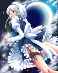 Rule 34 | 1girl, apron, blue dress, blue eyes, blush, bow, braid, cowboy shot, dress, frilled dress, frills, from below, full moon, green bow, green ribbon, hair bow, highres, holster, izayoi sakuya, juliet sleeves, kneepits, knife, long sleeves, looking at viewer, looking down, maid, maid headdress, moon, moonlight, neck ribbon, night, night sky, parted lips, puffy sleeves, ribbon, short hair, silver hair, sky, solo, star (sky), starry sky, tatsuya (guild plus), thigh holster, touhou, twin braids, waist apron