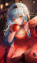 Rule 34 | 1girl, absurdres, ahoge, alcohol, apple, black thighhighs, blue hair, bottle, breasts, cleavage, cup, dress, drinking glass, fingernails, flower, food, fruit, garter straps, hair flower, hair ornament, half updo, heart, heart ahoge, highres, hololive, large breasts, light smile, liquor, long fingernails, long hair, looking at viewer, orange eyes, red dress, see-through, see-through cleavage, selfie, sitting, solo, spill, thighhighs, turbulence, virtual youtuber, wine bottle, wine glass, yukihana lamy