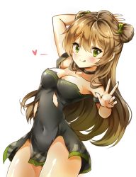 Rule 34 | 1girl, arm up, bad id, bad pixiv id, bare arms, bare shoulders, black choker, black dress, blush, bow, breasts, brown hair, choker, cleavage, closed mouth, collarbone, commentary, covered navel, double bun, dress, dutch angle, fingernails, girls&#039; frontline, green bow, green eyes, hair between eyes, hair bow, hair bun, hand up, heart, licking lips, long hair, looking at viewer, medium breasts, melings (aot2846), rfb (girls&#039; frontline), side bun, simple background, sleeveless, sleeveless dress, smile, solo, strap slip, tongue, tongue out, torn clothes, torn dress, very long hair, w, white background