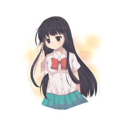 Rule 34 | 1girl, absurdres, bad id, bad pixiv id, black hair, blush, bow, bowtie, brown eyes, closed mouth, collarbone, collared shirt, commentary request, dress shirt, foreign blue, green skirt, head tilt, highres, holding, holding hair, kimi ni todoke, korean text, kuronuma sawako, long hair, looking at viewer, pleated skirt, red bow, red bowtie, shirt, short sleeves, skirt, smile, solo, translation request, very long hair, watermark, web address, white shirt