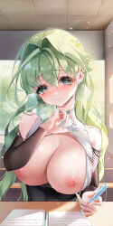 Rule 34 | 1girl, absurdres, bare shoulders, black shirt, blush, breasts, breasts out, chinese commentary, closed mouth, clothes lift, commentary request, desk, detached sleeves, earrings, fangwan, green eyes, green hair, hair between eyes, hand up, heart, heart-shaped pupils, heavy breathing, highres, holding, holding pen, indoors, jewelry, large breasts, layered shirt, lifting own clothes, long hair, looking at viewer, nipples, no bra, nose blush, original, pen, shirt, shirt lift, smile, solo, sweat, symbol-shaped pupils, upper body, wavy hair, white shirt
