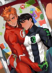 Rule 34 | 2boys, ass, bara, black bodysuit, black hair, blush, bodysuit, condom, condom belt, condom in mouth, covered abs, dc comics, doufujintianxianle, green lantern, green lantern (series), highres, holding, holding mask, kid flash, kyle rayner, large pectorals, male focus, mask, mouth hold, multiple boys, muscular, muscular male, orange hair, pectorals, red bodysuit, short hair, sitting, sitting on person, smile, the flash (series), two-tone bodysuit, wally west, white bodysuit, yaoi