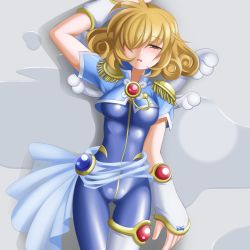 Rule 34 | 1girl, alternate costume, blonde hair, bracer, breasts, corrector yui, cropped jacket, curly hair, half-closed eyes, impossible clothes, k0n0n, kasuga yui, large breasts, looking at viewer, lying, medium hair, on back, one eye covered, parted lips, short sleeves, solo, tears, thigh gap