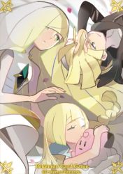 Rule 34 | 1boy, 2girls, artist request, blonde hair, breasts, brother and sister, character doll, clefairy, closed eyes, commentary, copyright name, creatures (company), dress, english commentary, game freak, gen 1 pokemon, gladion (pokemon), green eyes, highres, lillie (pokemon), long hair, looking at another, lusamine (pokemon), mother and daughter, mother and son, multiple girls, nintendo, official art, pokemon, pokemon (creature), pokemon sm, siblings, small breasts, white dress
