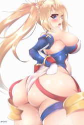 Rule 34 | 1girl, 76761, absurdres, ass, bare shoulders, blonde hair, blue eyes, blush, bradamante (fate), braid, breasts, detached sleeves, elbow gloves, fate/grand order, fate (series), from behind, gloves, highres, huge ass, large breasts, leotard, long hair, looking at viewer, looking back, open mouth, shiny clothes, shiny skin, sideboob, solo, thigh strap, twintails, very long hair