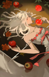 1girl apple branch breasts cleavage dress flower food fruit highres holding holding_food holding_fruit leaf long_hair looking_at_viewer lying medium_breasts monogatari_(series) on_back otorimonogatari polearm profile red_eyes red_flower red_ribbon ribbon sengoku_nadeko shru_(ss_sl99) snake snake_hair solo spear weapon white_dress white_snake