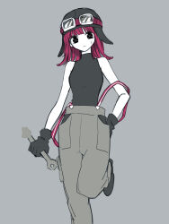 Rule 34 | 1girl, aviator cap, black eyes, dirty, dirty face, gloves, goggles, goggles on headwear, hand on own hip, highres, holding, holding wrench, long hair, looking at viewer, maco22, original, oversized clothes, pants, pink hair, shirt, sleeveless, sleeveless shirt, solo, standing, standing on one leg, suspenders, suspenders slip, turtleneck, wrench