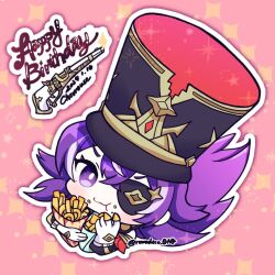 Rule 34 | 1girl, :t, black hat, bright pupils, chevreuse (genshin impact), chibi, commentary request, eyepatch, food, french fries, genshin impact, happy birthday, hat, holding, holding food, long hair, looking at viewer, meruko (romadeco 0a0), multicolored hair, onion rings, pink background, purple eyes, purple hair, shako cap, solo, streaked hair, white hair, white pupils