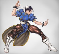 Rule 34 | 1girl, arm up, bad id, bad pixiv id, black hair, boots, bracelet, breasts, brown eyes, bun cover, capcom, chinese clothes, chun-li, double bun, fighting stance, grey background, jewelry, large breasts, looking to the side, muscular, muscular female, pantyhose, parted lips, pelvic curtain, puffy short sleeves, puffy sleeves, shinonome (game hakkutsu tai), short sleeves, simple background, solo, spiked bracelet, spikes, street fighter, thick thighs, thighs, white footwear