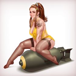 Rule 34 | 1girl, absurdres, alternate costume, bomb, breasts, brigitte (overwatch), brown eyes, brown hair, cleavage, dress, explosive, freckles, full body, garter straps, gradient background, headgear, highres, kairunoburogu, large breasts, looking at viewer, muscular, muscular female, no bra, overwatch, overwatch 1, pinup (style), ponytail, shoulder tattoo, sidelocks, simple background, sitting, smile, solo, tattoo, thighhighs, thighs, white dress