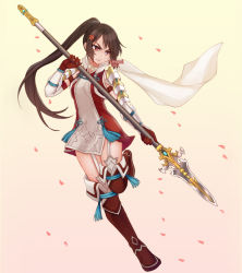 Rule 34 | 1girl, boots, brown hair, catria (fire emblem), clenched teeth, commentary, commission, dress, english commentary, fire emblem, fire emblem: mystery of the emblem, fire emblem fates, full body, gloves, gradient background, grey dress, hinoka (fire emblem), holding, holding polearm, holding spear, holding weapon, inuzuka shuna, kishuku gakkou no juliet, long hair, nintendo, pink background, polearm, ponytail, red eyes, red footwear, red gloves, scarf, short dress, solo, spear, standing, standing on one leg, teeth, temachii, thigh boots, thighhighs, weapon, white scarf