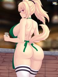 Rule 34 | 1girl, animal ears, apron, ass, blonde hair, blush, breasts, cat ears, cat girl, cat tail, cup, drinking glass, green apron, highres, iced latte with breast milk (meme), large breasts, long hair, looking at viewer, meme, naked apron, no panties, nottytiffy, open mouth, orange eyes, original, ponytail, sidelocks, smile, solo, tail, thighhighs, tiffy (nottytiffy), watermark, white thighhighs