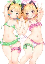 Rule 34 | animal ear headphones, animal ears, armpits, arms up, bikini, blonde hair, blue archive, blush, breasts, cat ear headphones, clenched teeth, collarbone, commentary request, fake animal ears, frilled bikini, frills, green bikini, green eyes, halo, headphones, highres, looking at viewer, meri-san, midori (blue archive), momoi (blue archive), navel, pink bikini, red eyes, siblings, side-tie bikini bottom, simple background, sisters, small breasts, swimsuit, teeth, twins, untied bikini, v, white background