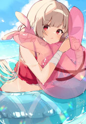 Rule 34 | &gt; &lt;, 1girl, alternate costume, bandaged wrist, bandages, bikini, blue sky, blunt bangs, blush, breasts, closed mouth, cloud, commentary request, day, frilled bikini, frills, hair ornament, hands up, head rest, highres, innertube, light brown hair, long hair, looking at viewer, low twintails, natori sana, navel, ocean, outdoors, own hands together, rabbit hair ornament, red bikini, red eyes, sana channel, sky, small breasts, solo, swim ring, swimsuit, twintails, umetoumeto, virtual youtuber, water