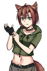 Rule 34 | 1girl, adjusting clothes, adjusting gloves, animal ear fluff, animal ears, belt, belt buckle, black belt, black collar, black gloves, breasts, brown hair, buckle, camouflage, camouflage pants, closed mouth, collar, collarbone, dated, drawstring, eyebrow piercing, fang, fang out, gloves, green eyes, green jacket, hair between eyes, hands up, hood, hood down, hooded jacket, jacket, looking at viewer, midriff, navel, ndtwofives, original, pants, partially fingerless gloves, piercing, simple background, single glove, small breasts, smile, solo, spiked collar, spikes, tail, white background