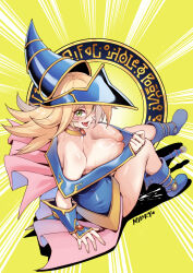 1girl artist_name bare_shoulders blonde_hair blue_footwear blue_hat blush blush_stickers boots breasts choker cleavage commentary_request dark_magician_girl dark_magician_girl_the_magicians_apprentice duel_monster green_eyes hair_between_eyes hat highres large_breasts long_hair looking_at_viewer mibry_(phrysm) nipples open_mouth phrygian_helmet showgirl_skirt smile solo wizard_hat yu-gi-oh!