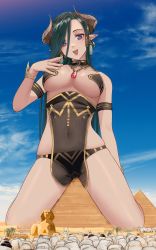 Rule 34 | 1girl, 6+boys, absurdres, armlet, bad tag, bare arms, bare shoulders, black suit, bracelet, breasts, cleavage, cloud, copyright request, crotch rub, day, desert, earrings, egypt, facing viewer, female masturbation, formal, from below, full body, giant, giantess, great pyramid of giza, green hair, highres, horns, jewelry, kneeling, long hair, masturbation, medium breasts, mole, mole under eye, multiple boys, navel, necklace, open mouth, outdoors, palm tree, pendant, pointy ears, purple eyes, pyramid, pyramid (structure), revealing clothes, skindentation, sky, sphinx of giza, suit, tree, welt (kinsei koutenkyoku)