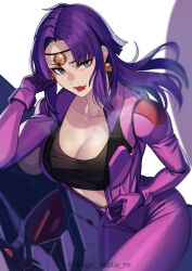 Rule 34 | 1girl, absurdres, bell, bell earrings, black headband, black shirt, blue eyes, breasts, collarbone, cropped shirt, earrings, eyeshadow, floating hair, fuala griffon, gloves, gundam, hair behind ear, headband, highres, jewelry, kagematsuri, leaning forward, licking lips, long hair, looking to the side, makeup, mecha, medium breasts, mobile suit, parted hair, purple gloves, purple hair, red eyeshadow, robot, shirt, solo, tongue, tongue out, twitter username, victory gundam, zanneck, zanscare