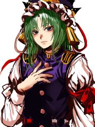Rule 34 | 1girl, black hat, blue vest, buttons, closed mouth, commentary, epaulettes, frilled hat, frills, green eyes, green hair, hand on own chest, hat, highres, kuya (hey36253625), long sleeves, looking at viewer, parted bangs, shiki eiki, shirt, short hair, simple background, solo, touhou, upper body, vest, white background, white shirt