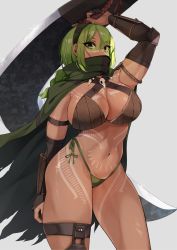 Rule 34 | 1girl, absurdres, braid, breast tattoo, breasts, cape, commentary request, dark-skinned female, dark skin, green cape, green eyes, green hair, green hairband, grey background, hairband, highres, holding, holding sword, holding weapon, jovejun, large breasts, long hair, looking at viewer, navel, original, scarf, scarf over mouth, sidelocks, simple background, single braid, solo, stomach tattoo, sword, tattoo, thick thighs, thighs, torn cape, torn clothes, warrior, weapon