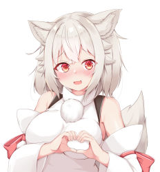 Rule 34 | 1girl, animal ears, blush, breasts, commentary request, detached sleeves, fang, heart, heart hands, inubashiri momiji, large breasts, looking at viewer, no headwear, no headwear, open mouth, red eyes, rururiaru, short hair, silver hair, simple background, skin fang, solo, tail, touhou, upper body, white background, wolf ears, wolf girl, wolf tail