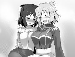 Rule 34 | 2girls, arm around waist, blush, breasts, collarbone, couple, closed eyes, greyscale, hair ornament, hair ribbon, hairclip, hand on another&#039;s hip, happy, highres, hug, kohinata miku, large breasts, long sleeves, looking at another, monochrome, multiple girls, neck, open mouth, ribbon, senki zesshou symphogear, shanaharuhi, short hair, simple background, skirt, smile, strap, sweater, tachibana hibiki (symphogear), teeth, tongue, two-tone background, yuri