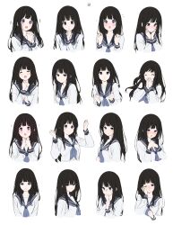 Rule 34 | 1girl, :o, :t, absurdres, black hair, black sailor collar, chitanda eru, closed mouth, cropped torso, embarrassed, expression chart, expressions, hand up, hands over own mouth, hands up, highres, hyouka, kamiyama high school uniform (hyouka), long hair, looking at viewer, mery (yangmalgage), multiple views, neckerchief, open mouth, pink neckerchief, pouty lips, purple eyes, sailor collar, scared, school uniform, serafuku, shirt, simple background, white background, white shirt