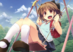 Rule 34 | 1girl, :d, backpack, bag, blush, brown hair, cloud, day, looking at viewer, mary janes, open mouth, original, randoseru, red eyes, shoes, short hair, sitting, skirt, sky, smile, soine, solo, swing