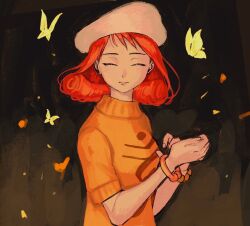 Rule 34 | 1girl, ace attorney, beret, bracelet, bug, butterfly, closed eyes, closed mouth, facing viewer, hands up, hat, highres, insect, jewelry, mimi miney, orange sweater, phoenix wright: ace attorney - justice for all, red hair, renshu usodayo, short hair, solo, sweater, upper body, white hat