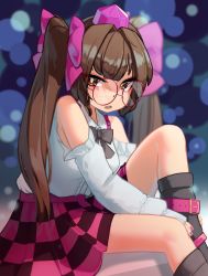 Rule 34 | 1girl, adapted costume, bare shoulders, bespectacled, blurry, bokeh, bow, brown eyes, brown hair, clothing cutout, depth of field, detached sleeves, feet out of frame, glasses, hair ribbon, hat, highres, himekaidou hatate, long hair, looking at viewer, lower teeth only, nail polish, purple nails, ribbon, round eyewear, shirt, shoulder cutout, simple background, sitting, skirt, sleeves past wrists, solo, teeth, tokin hat, touhou, twintails, very long hair, white shirt, zakozako y