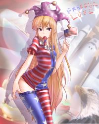Rule 34 | &#039;murica, 1girl, aged up, american flag, american flag dress, american flag legwear, bald eagle, bird, blonde hair, burger, clothes pull, clownpiece, condom, condom in mouth, condom packet strip, condom wrapper, crying bald eagle, eagle, earrings, english text, engrish text, food, hat, hater (hatater), highres, jester cap, jewelry, long hair, looking at viewer, mouth hold, pants, pants pull, pantyhose, pantyhose pull, patriotism, purple eyes, ranguage, shadow, solo, space shuttle, spacecraft, touhou, typo, united states, very long hair