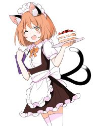 Rule 34 | 1girl, animal ears, apron, blush, brown eyes, brown hair, cake, cat ears, chen, dress, ear piercing, food, frilled dress, frills, garter straps, highres, holding, holding tray, looking at viewer, maid apron, maid headdress, multiple tails, one eye closed, open mouth, piercing, ribbon, shiisuu rattamu, short hair, solo, tail, thighhighs, touhou, tray, two tails, yellow ribbon