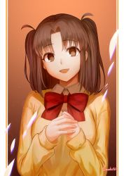 Rule 34 | 1girl, bow, bowtie, brown eyes, brown hair, cardigan, collared shirt, commentary request, long hair, long sleeves, looking at viewer, modzu (3705018), open mouth, own hands together, parted bangs, pillarboxed, red bow, school uniform, shirt, smile, solo, tsukihime, tsukihime (remake), twitter username, two side up, uniform, upper body, white shirt, yellow cardigan, yumizuka satsuki