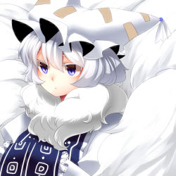 Rule 34 | 1girl, alternate color, alternate hair color, bad id, bad pixiv id, blue eyes, colored eyelashes, female focus, fox tail, fur trim, hands in opposite sleeves, hat, multiple tails, portrait, slit pupils, solo, tail, touhou, upper body, white hair, yakumo ran, yutazou