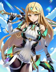 Rule 34 | 1girl, aegis sword (xenoblade), angry, bare shoulders, black legwear, blonde hair, breasts, chest jewel, datcravat, day, dress, elbow gloves, gloves, highres, holding, holding sword, holding weapon, large breasts, long hair, looking at viewer, mythra (massive melee) (xenoblade), mythra (xenoblade), nintendo, short dress, sky, solo, super smash bros., swept bangs, sword, thigh strap, tiara, very long hair, weapon, white dress, white gloves, xenoblade chronicles (series), xenoblade chronicles 2, yellow eyes