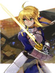 Rule 34 | 1girl, ahoge, armor, armored dress, artoria pendragon (all), artoria pendragon (fate), blonde hair, blue dress, blue ribbon, braid, dress, excalibur (fate/stay night), fate/stay night, fate (series), fighting stance, french braid, gauntlets, glowing, glowing weapon, green eyes, hair between eyes, highres, holding, holding weapon, huge ahoge, long sleeves, melty blood, oni gini, ribbon, saber (fate), serious, shaded face, short hair, solo, sword, tsukihime, weapon, white background, wind, wind lift
