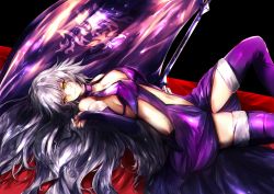 Rule 34 | boots, bridal gauntlets, dress, fate/grand order, fate (series), flag, grey hair, jeanne d&#039;arc (fate), jeanne d&#039;arc alter (avenger) (fate), jeanne d&#039;arc alter (fate), long hair, lying, on back, otsunabe (naabe delta), purple thighhighs, solo, thighhighs, yellow eyes