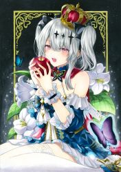 Rule 34 | 1girl, apple, azur lane, bare shoulders, blue butterfly, blue dress, bug, butterfly, butterfly ornament, crown, detached collar, detached sleeves, dress, flower, food, fruit, grey hair, highres, holding, holding food, holding fruit, insect, joffre (azur lane), joffre (ensorcelled snow white) (azur lane), lace, lace-trimmed legwear, lace trim, long hair, looking at viewer, official alternate costume, open mouth, purple butterfly, purple eyes, red apple, short sleeves, solo, thighhighs, traditional media, two-tone dress, whipberry, white dress, white flower, white thighhighs, zettai ryouiki