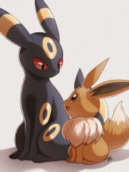 Rule 34 | colored sclera, creatures (company), eevee, game freak, gen 1 pokemon, gen 2 pokemon, highres, kuchiba (jret2454), looking at another, nintendo, no humans, open mouth, pokemon, pokemon (creature), red sclera, signature, simple background, tail, umbreon, white background