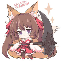 Rule 34 | 1girl, animal ears, bare shoulders, blue eyes, breasts, brown hair, caleen keemosn, chibi, choker, cleavage, commission, detached sleeves, female focus, fox ears, fox girl, fox tail, garter belt, garter straps, hair ribbon, highres, japanese clothes, large breasts, long hair, looking at viewer, miko, multiple tails, ribbon, rudobekia, runes, scythe, simple background, star ocean, star ocean anamnesis, tail, text in background, thighhighs, twintails, very long hair, weapon