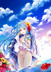 Rule 34 | 10s, 1girl, 2015, arm ribbon, artist name, bare shoulders, blue hair, bow, bow panties, breasts, cleavage, clothes lift, cloud, cowboy shot, dress, dress lift, flower, hair flower, hair ornament, hibiscus, hieihirai, lace, long hair, looking at viewer, navel, open mouth, original, outdoors, panties, partially submerged, partially underwater shot, ribbon, sky, sleeveless, sleeveless dress, small breasts, smile, solo, underwear, very long hair, wading, water, water drop, white panties, wind, yellow eyes