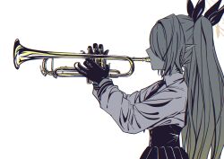 Rule 34 | 1girl, absurdres, black gloves, black necktie, black ribbon, blue archive, collared shirt, commentary request, covered eyes, from side, gloves, grey hair, hair over eyes, hair ribbon, halo, high-waist skirt, highres, holding, holding instrument, holding trumpet, instrument, iori (blue archive), long hair, long sleeves, music, necktie, playing instrument, pointy ears, profile, ribbon, shirt, simple background, skirt, solo, trumpet, twintails, upper body, w wakase, white background