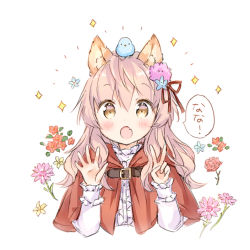 Rule 34 | 1girl, :o, animal, animal ear fluff, animal ears, animal on head, bird, bird on head, blue flower, bluebird, blush, brown eyes, capelet, center frills, commentary request, cropped torso, fang, flower, frilled sleeves, frills, hair between eyes, hair flower, hair ornament, hair ribbon, hood, hood down, hooded capelet, long hair, long sleeves, looking at viewer, on head, open mouth, original, pink flower, pink hair, red capelet, red flower, red ribbon, ribbon, shirt, sleeves past wrists, solo, sparkle, translated, upper body, wataame27, white shirt, wolf-chan (wataame27), wolf ears