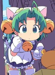 Rule 34 | 1girl, animal hat, apron, bell, bent over, cat hat, cat tail, dejiko, di gi charat, gloves, green eyes, green hair, hair bell, hair ornament, hat, highres, jingle bell, looking at object, maid, maid apron, ribbon, roku no hito, solo, tail, tail ornament, tail ribbon, white gloves