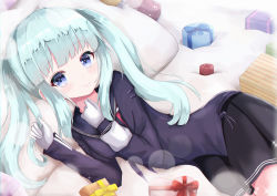 Rule 34 | 1girl, absurdres, ash arms, bed, blue eyes, blue hair, commentary request, dress, gift, gloves, hayashi maka, highres, long hair, looking at viewer, pillow, sailor dress, sbd dauntless (ash arms), school uniform, smile, solo, sparkle, twintails