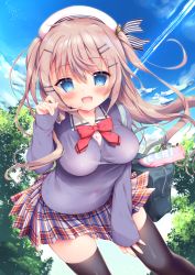 Rule 34 | 1girl, amanagi seiji, bag, beret, black thighhighs, blue eyes, blue sky, blush, bow, breasts, brown hair, cloud, commentary request, covered navel, day, dress shirt, fingernails, hair between eyes, hair ornament, hairclip, hand up, hat, highres, leaning forward, long hair, long sleeves, looking at viewer, medium breasts, moe2019, original, outdoors, plaid, plaid skirt, pleated skirt, purple sweater, red bow, school bag, shirt, sidelocks, skirt, sky, sleeves past wrists, solo, sweater, taut clothes, taut sweater, thighhighs, two side up, very long hair, white hat, white shirt