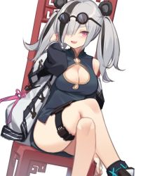 Rule 34 | 1girl, :d, animal ears, arknights, bare shoulders, black dress, black hair, boots, breasts, chair, china dress, chinese clothes, cleavage, cleavage cutout, clothing cutout, dress, eyewear on head, fang, feater (arknights), grey hair, hair over one eye, jacket, kildir, leg belt, crossed legs, long hair, looking at viewer, medium breasts, multicolored hair, off shoulder, open clothes, open jacket, open mouth, panda ears, pink eyes, raglan sleeves, round eyewear, side slit, simple background, sitting, sleeveless, sleeveless dress, smile, solo, sunglasses, sunglasses on head, thighs, twintails, two-tone hair, white background, white jacket